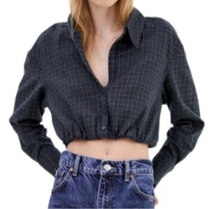Plaid Long Sleeve Button Down Crop Shirt Women's